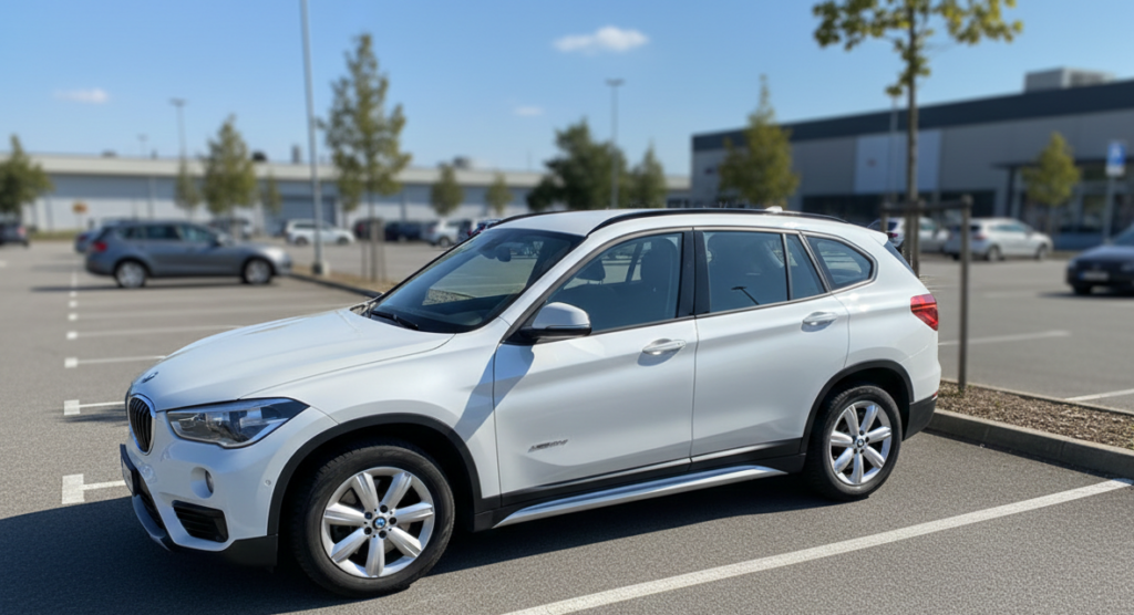 Weißer BMW SUV von Alis Autovermietung auf Parkplatz